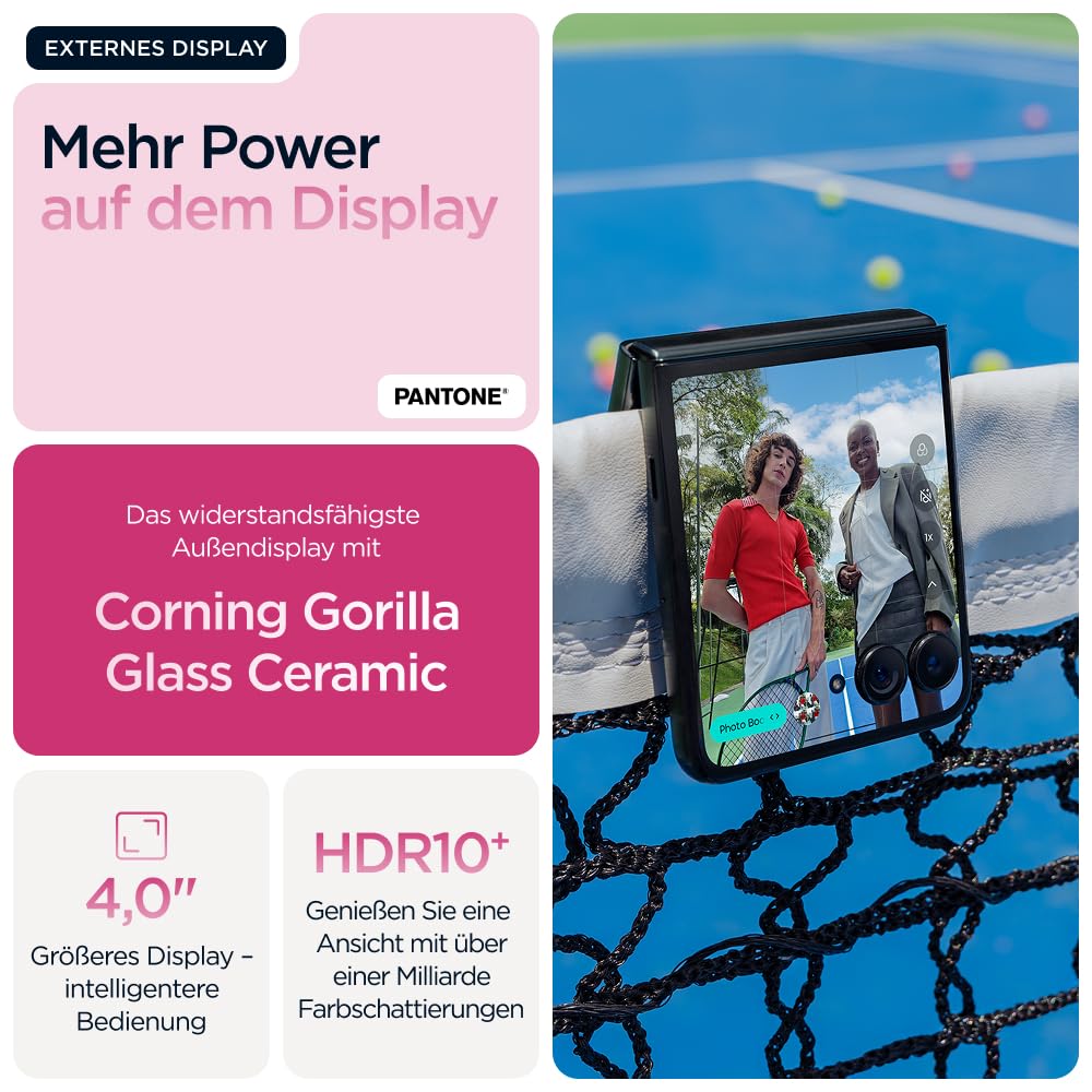 Motorola razr 60 Ultra Flip-Phone (6,96"-pOLED-Display/Robustes 4,0"-Außendisplay mit Gorilla Glass Ceramic, widerstandsfähig, wassergeschützt, 50-MP-Moto-AI-Kamera, 16/512 GB) Pantone Cabaret