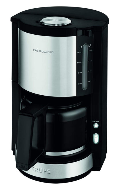 Krups KM321 Proaroma Plus Glas-Kaffeemaschine, 10 Tassen, 1100 W, modernes Design, schwarz mit Edelstahlapplikationen & F03442 Glaskrug Espresso-/Kaffeemaschinenzubehör mit Deckel, 10 Tassen, schwarz