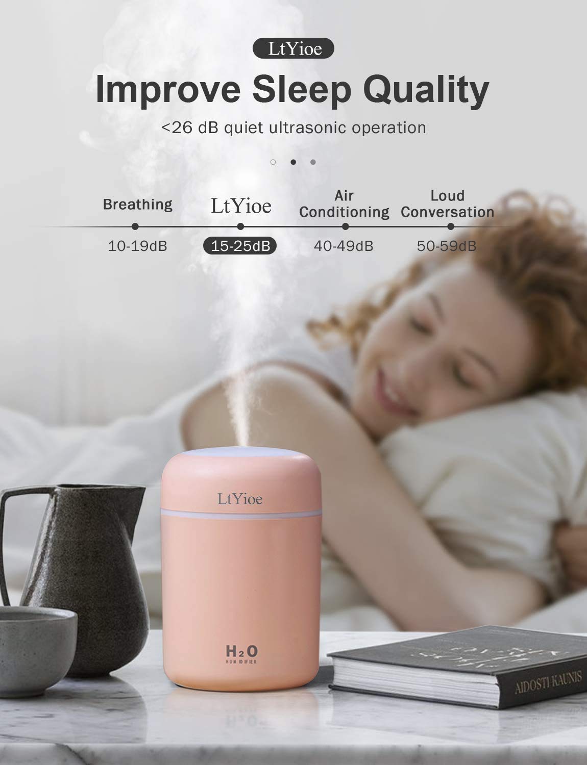 LtYioe Luftbefeuchter, Persönlicher Desktop Mini Luftbefeuchter mit Bunter Cooler Nachtlichtfunktion, Automatische Abschaltung und Super leise für Auto, Büro, Schlafzimmer (Rosa)