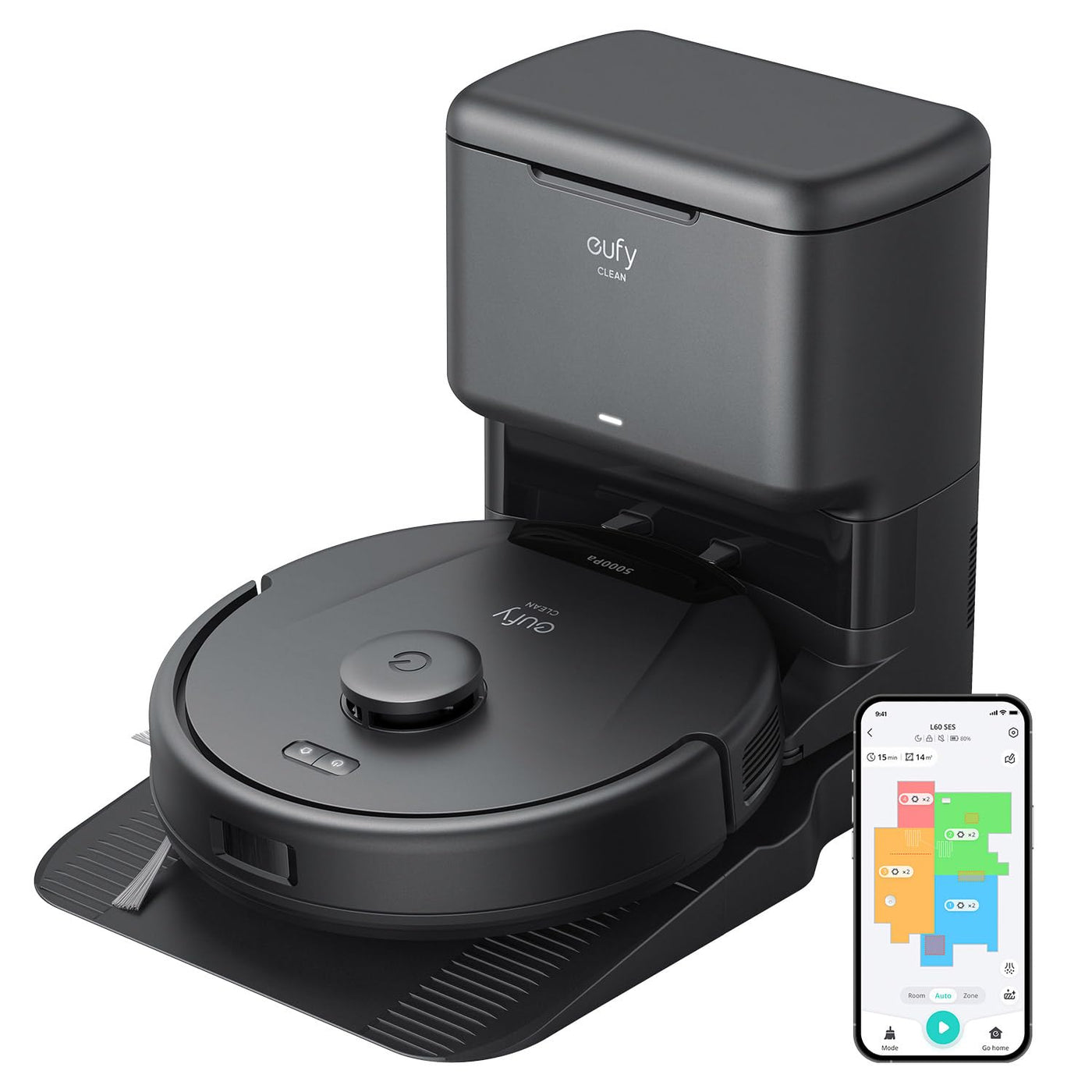 eufy Clean L60 Saugroboter mit Absaugstation, Ultra Starke 5.000Pa Saugkraft, Anti-Haar-Verwicklung, Absaugstation 60 Tage ohne Leeren, iPath-Laser-Navigation, für Hartböden, Haare & Tiefenreinigung