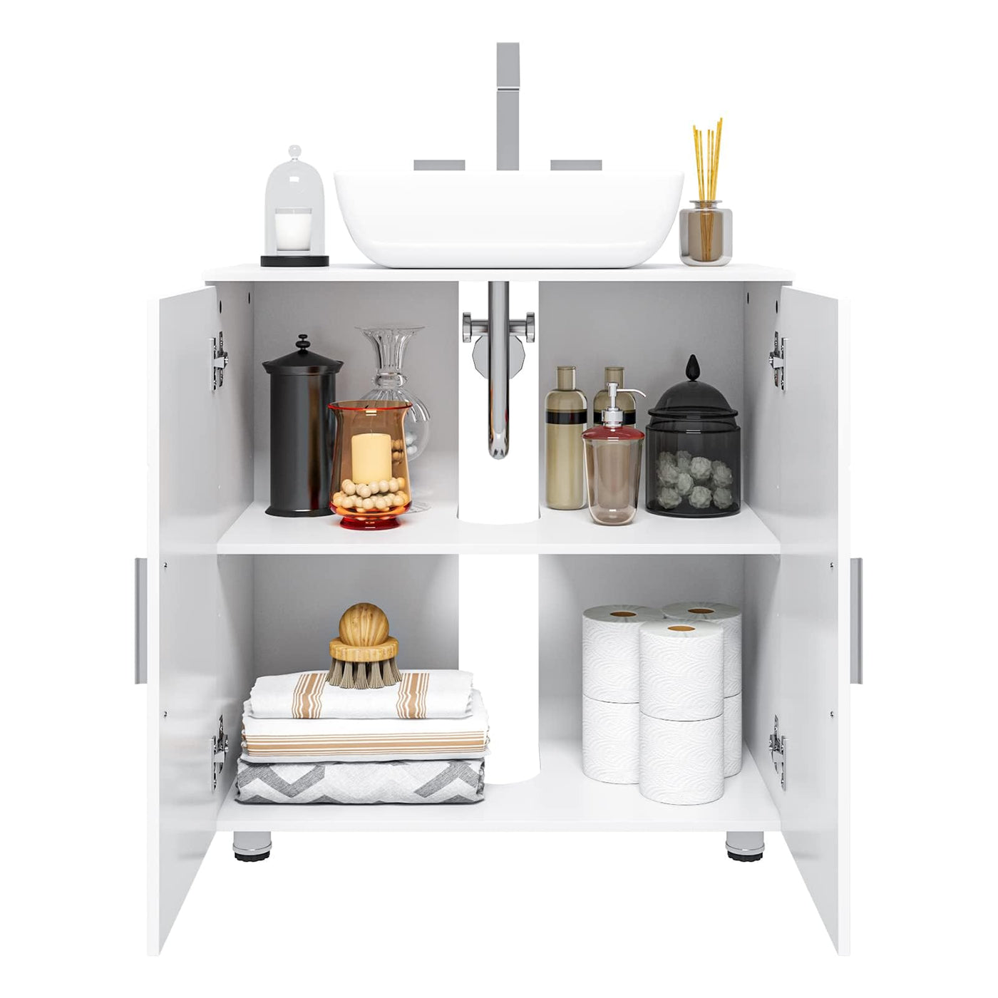 EUGAD Waschbeckenunterschrank,Unterschrank, Waschtischunterschrank, Badezimmerschrank mit 2 Türen,Verstellbarer Trennwand, Metallscharnieren, Landhausstil Weiß 60x60x30 cm