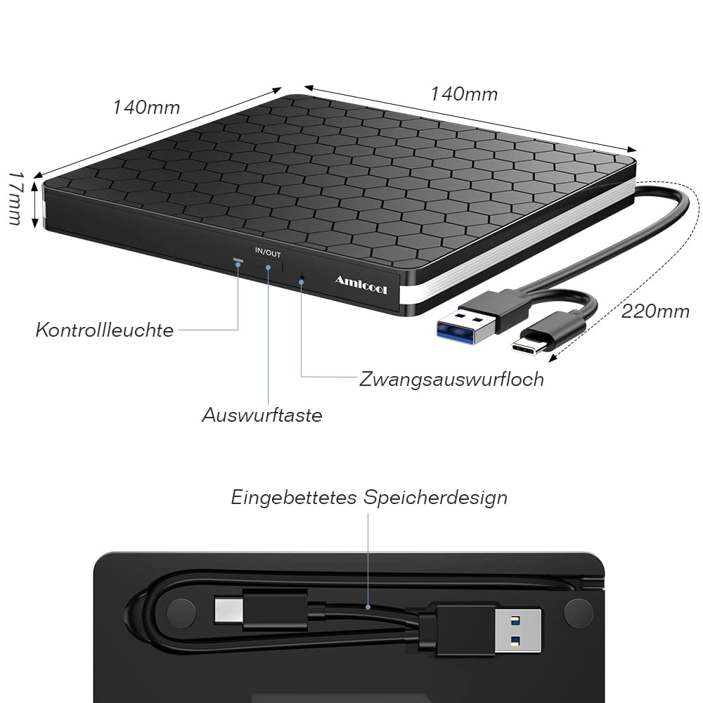 External DVD Drive, Amicool USB 3.0 Type-C CD DVD +/-RW Optical Drive USB C Burner Slim CD/DVD ROM Rewriter Writer Reader Portable for PC Laptop Desktop MacBook Mac Windows 7/8.1/10 Linux OS Apple
