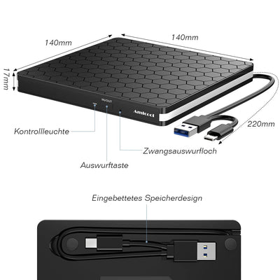 External DVD Drive, Amicool USB 3.0 Type-C CD DVD +/-RW Optical Drive USB C Burner Slim CD/DVD ROM Rewriter Writer Reader Portable for PC Laptop Desktop MacBook Mac Windows 7/8.1/10 Linux OS Apple