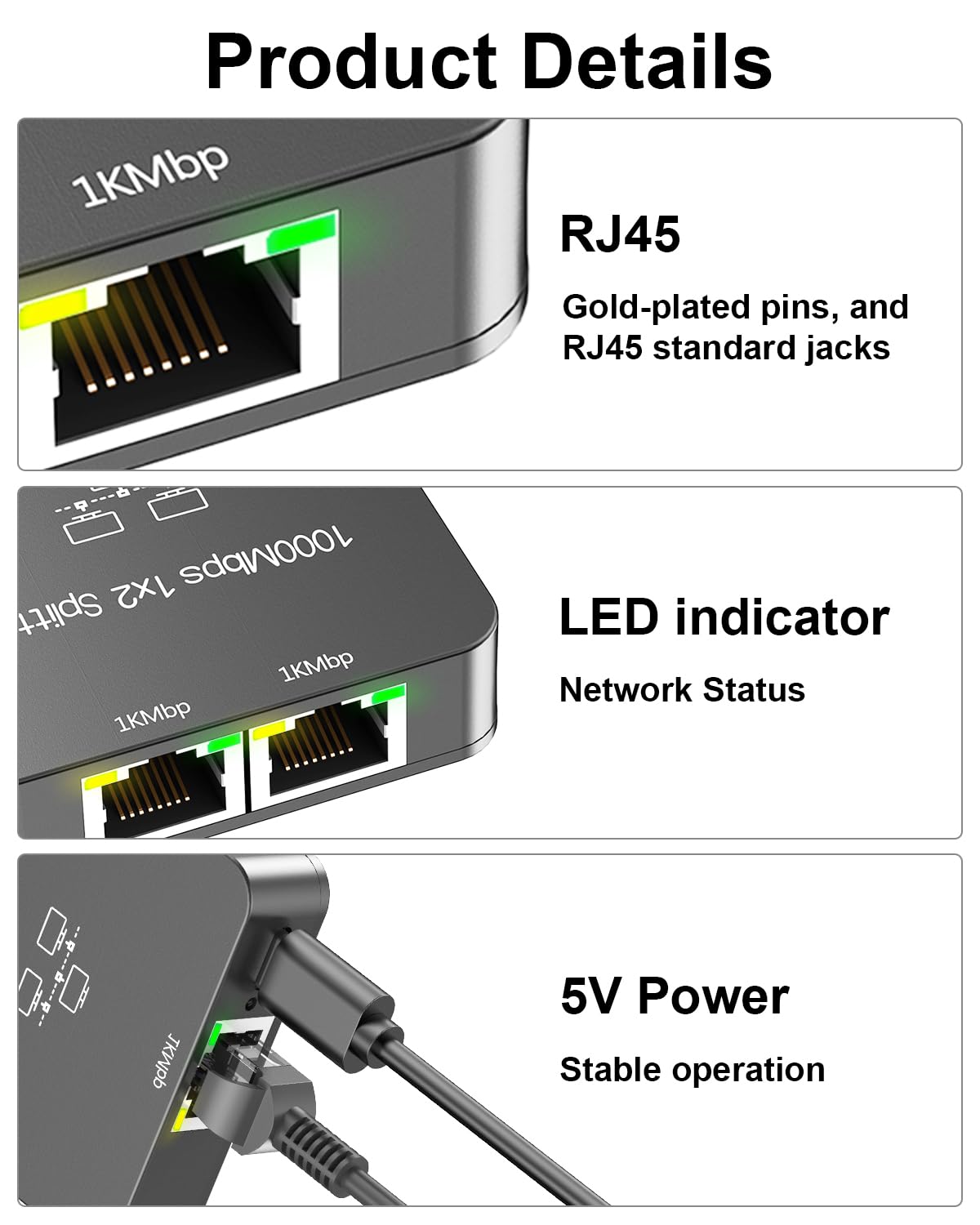 Uzifhdhi LAN Splitter 1 auf 2 mit Ethernet Kabel, Gigabit LAN Switch 2 Port 1000Mbps Ethernet Splitter für Computer, TV, Hub, Switch, Router, Set-Top Box,et. Grau