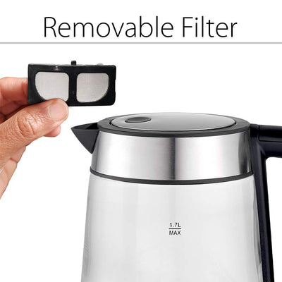 ANSIO Wasserkocher Edelstahl,1,7 Liter, 2200 watts Wasserkocher mit Herausnehmbarer Kalkfilter, Abschaltautomatik, Schnellkochfunktion Wasserstandsanzeige beleuchtet BPA Frei (Klar Glas)