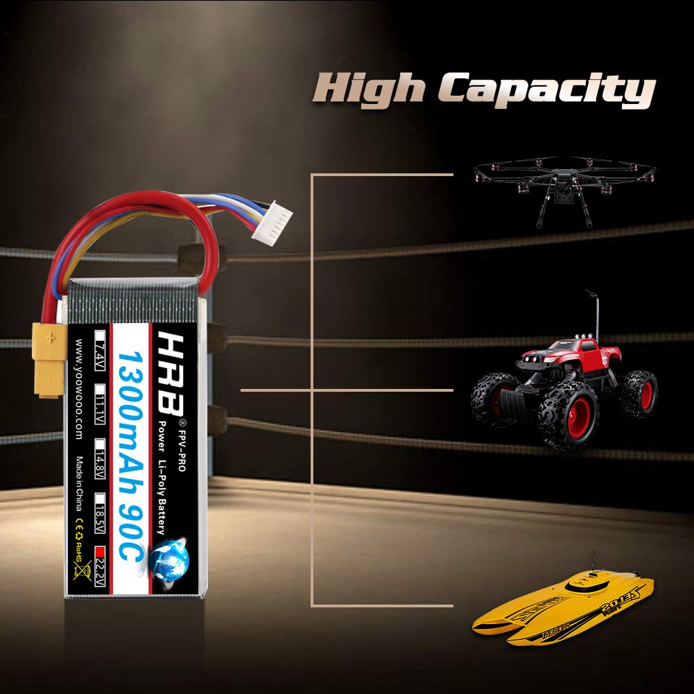 HRB 2PCS 6S 22.2V 1300mAh 90C XT60 Lipo Battery Replacement for 450 Class Helicopters Airplanes Cars Truck Buggy Truggy Drones Multicopter