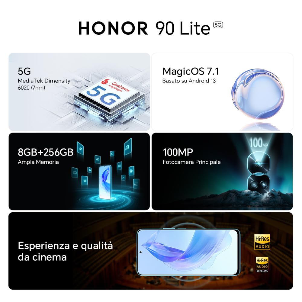 HONOR 90 Lite Smartphone 5G, 8 GB RAM und 256 GB, FullView Display von 6,7 Zoll bei 90 Hz, Dreifachkamera mit 100 MP mit 4500 mAh Akku, Dual SIM, Android 13, Cyan Lake