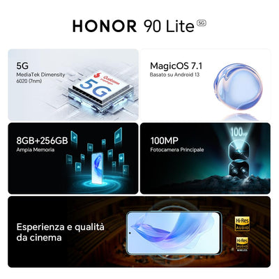 HONOR 90 Lite Smartphone 5G, 8 GB RAM und 256 GB, FullView Display von 6,7 Zoll bei 90 Hz, Dreifachkamera mit 100 MP mit 4500 mAh Akku, Dual SIM, Android 13, Cyan Lake