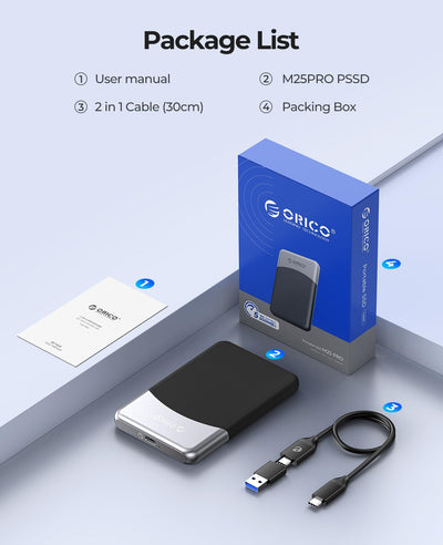ORICO 1 TB Externe SSD mit 2 in 1 USB C Kabel, Externe Festplatte SSD USB 3.2 Gen 1 bis zu 460MB/s, Portable SSD für USB-C Smartphone, PC, Tablet, Labtop - M25PRO