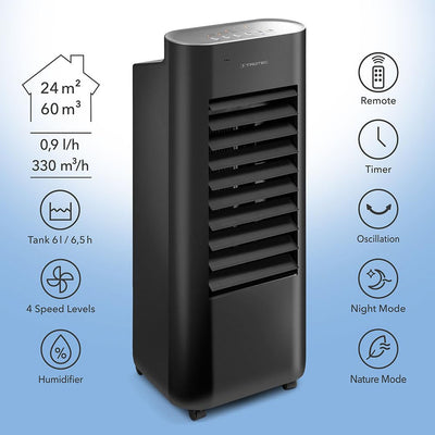 TROTEC Aircooler PAE 22 mobiler Luftkühler, 3-in-1 Luftkühler, Luftbefeuchter und Ventilator, 6 l Tank, 0,9 l/h Verdunstungsleistung, 4 Gebläsestufen, Timer, Nachtmodus