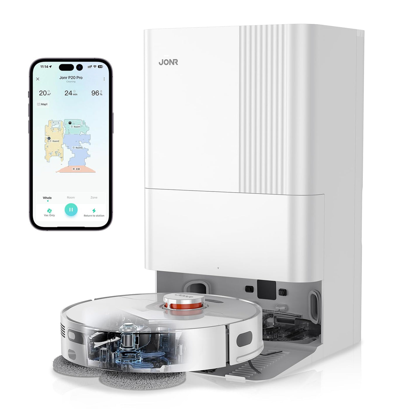JONR P20 Pro Saugroboter mit Wischfunktion und Hubmop, 8000Pa All-in-One Reinigungsstation, Hindernisvermeidung, Adaptive Kantenreinigung, Heißlufttrocknung