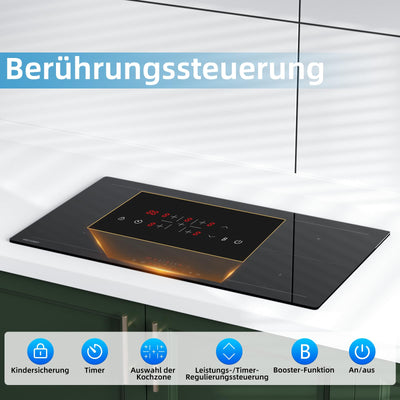 Induktionskochfeld, WEHIMO Induktionskochfeld 5 platten mit Power Booster, 5 Zonen Einbau, 9 Leistungsstufen Induktionskochplatte 90cm (8600W), 220-240V