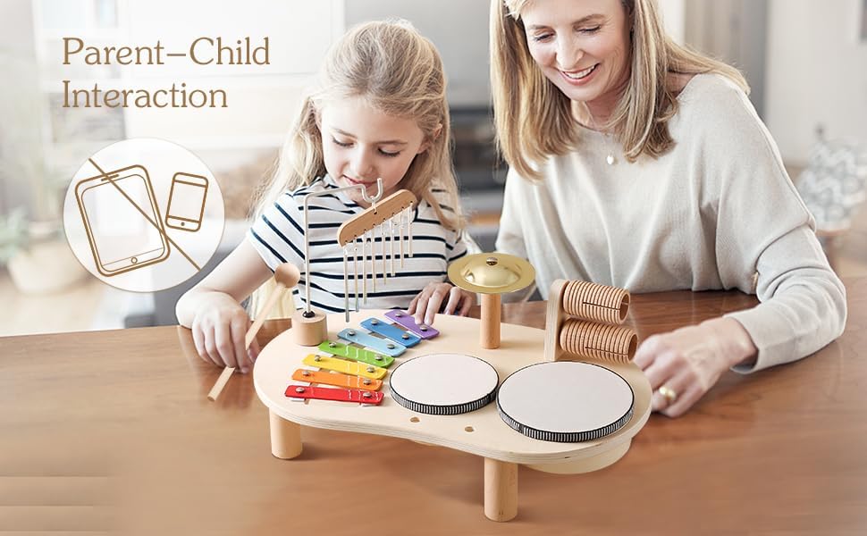 Mamimami Home Musikinstrumente für Kinder ab 1 Jahr ,Trommel Set ,Montessori Lernspielzeug Schlagzeug Mit Xylophon Baby Holz,7 In 1,Musical Spielzeug