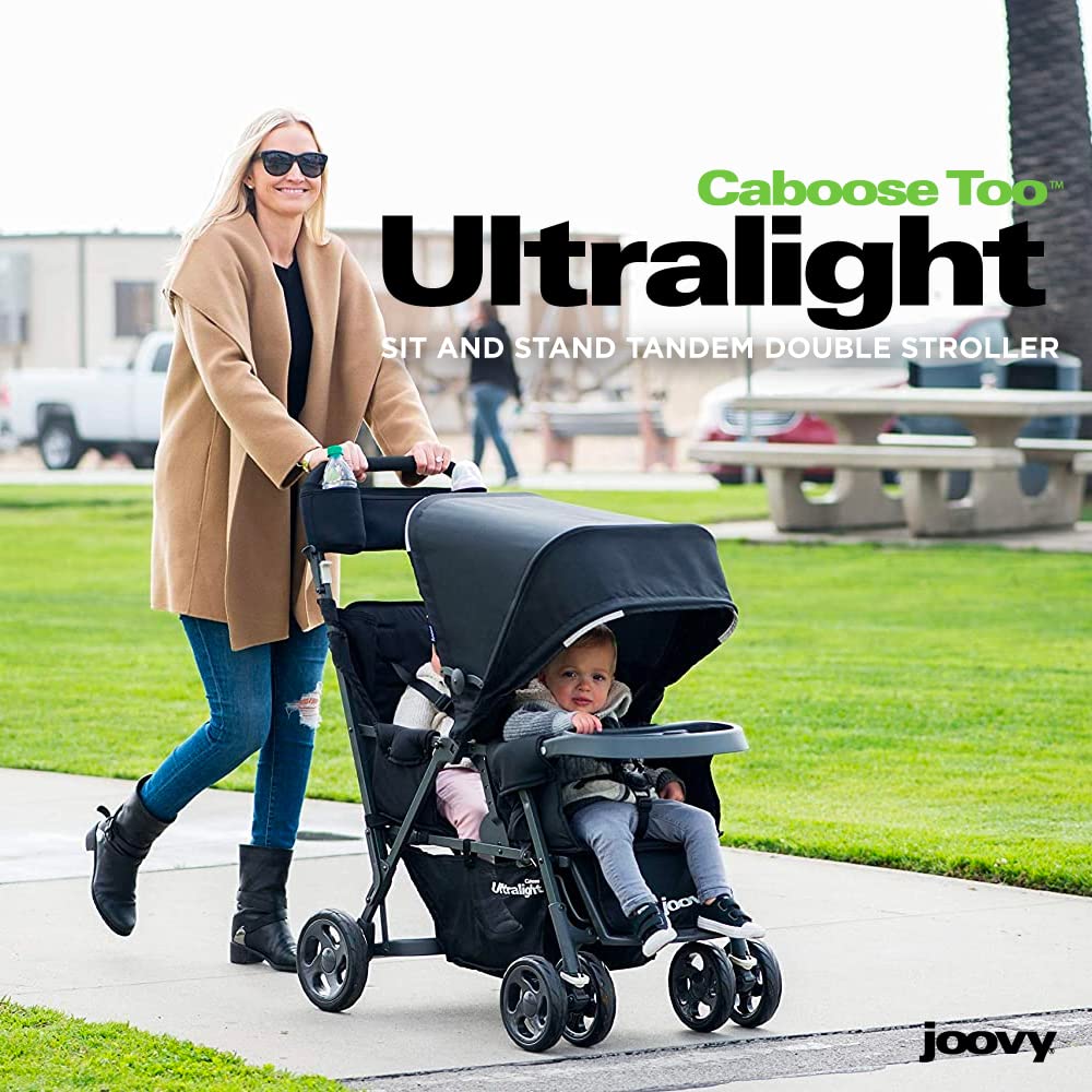 Joovy Caboose Too Ultralight Graphite Kinderwagen mit Rücksitz, Geschwisterkinderwagen, Doppelkinderwagen, Sit and Stand Kinderwagen, Schwarz
