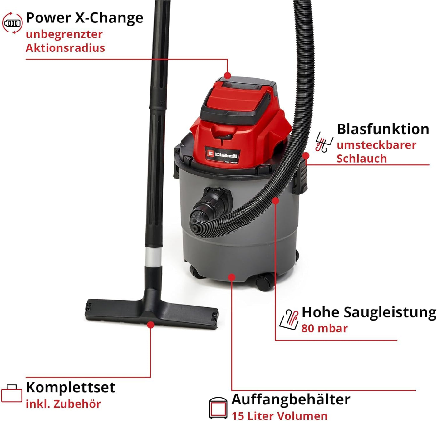 Einhell Akku-Nass-Trockensauger TC-VC 18/15 Li-Solo Power X-Change (Lithium-Ionen, Kunststoffbehälter 15 l, 4 Rollen, inkl. Saugschlauch, div. Filter, ohne Akku u. Ladegerät)