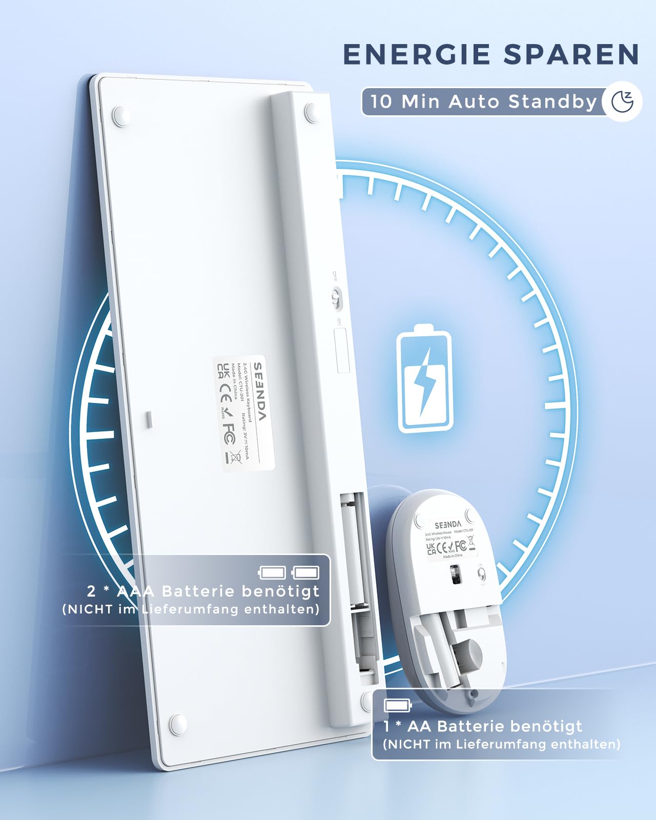 seenda Funktastatur mit Maus, Kleine Tastatur Maus Set kabellos mit USB Empfänger für PC/Laptop/Desktop/TV, Ultradünne 70% Tastatur mit QWERTZ Layout, Weiß & Silber