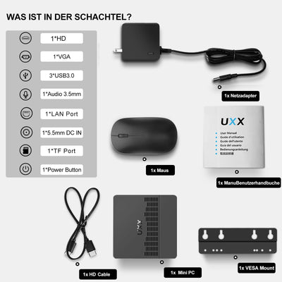 UXX Mini PC Unterstützung 512GB M.2 SSD Erweiterung, N3350 Micro Desktop Computer 64GB eMMC, Gaming PC 4K UHD Dual Display, BT, 2.4/5G WiFi, USB 3.0, HDMI für Büro/Home (Grau)