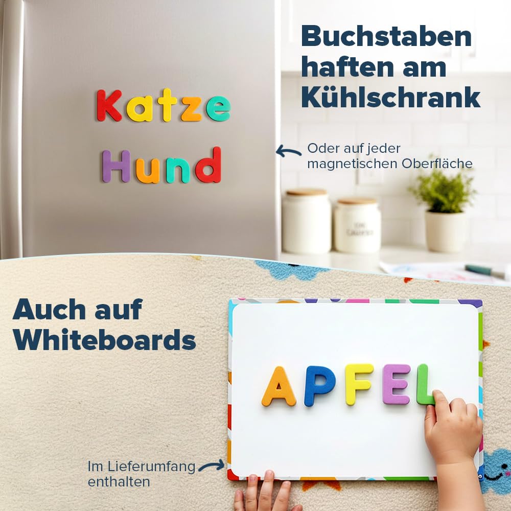Magnetische Buchstaben und Zahlen für Kinder – Das komplette Set: 182 Buchstaben und 81 Zahlen sowie Symbole – Kühlschrankmagneten – Beinhaltet 2 Boxen, Magnettafel, Stifte und Löschschwamm