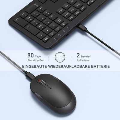 Tastatur Maus Set Kabellos, seenda Ultra-Dünne Wiederaufladbare Funk Tastatur Maus Set, Ergonomische Tastatur Kabellos mit Silikon Staubschutz für PC/Laptop/Smart TV, DE QWERTZ Layout, Schwarz