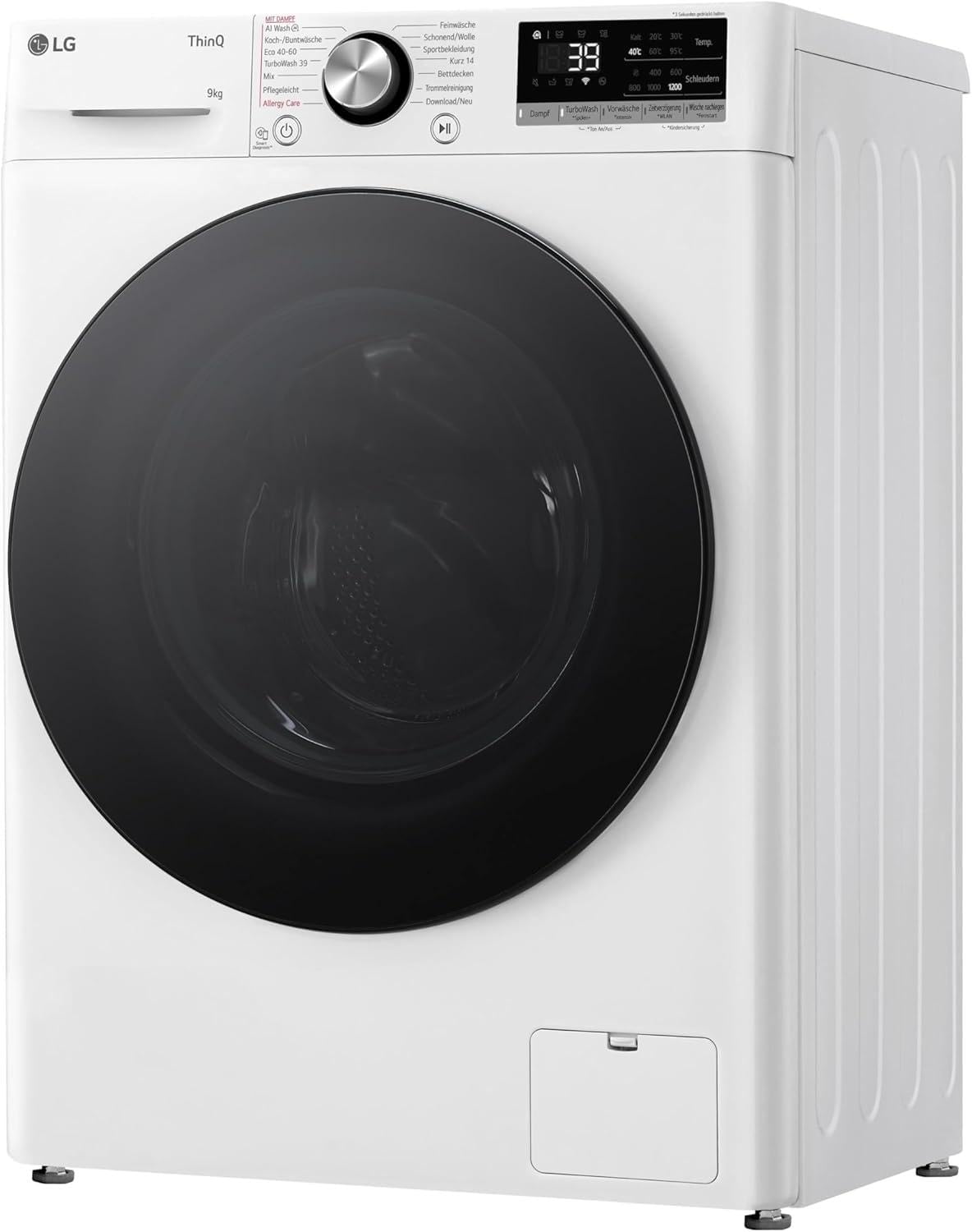 LG F2V7SLIM9, Klasse A, Waschmaschine Slim 9 kg, 60x47.5x85 cm, Wi-Fi, AI Direct Drive, Tiefenreinigung mit Dampf, TurboWash 360°, Außentür aus Gehärtetem Glas, Weiß mit Schwarzem Bullaugenring