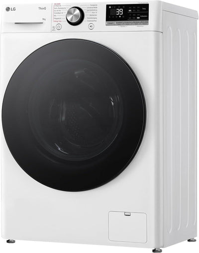 LG F2V7SLIM9, Klasse A, Waschmaschine Slim 9 kg, 60x47.5x85 cm, Wi-Fi, AI Direct Drive, Tiefenreinigung mit Dampf, TurboWash 360°, Außentür aus Gehärtetem Glas, Weiß mit Schwarzem Bullaugenring