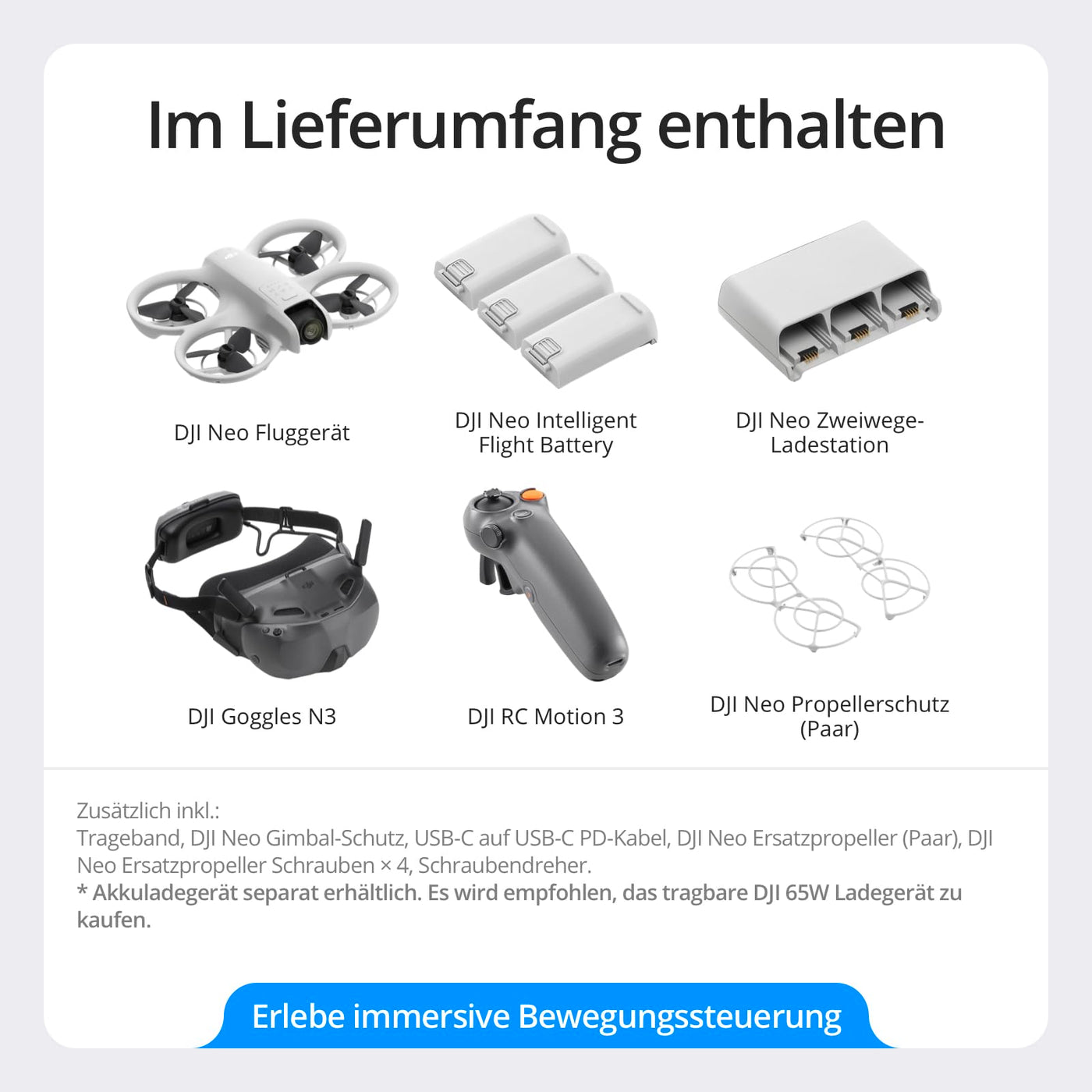 DJI Neo Motion Fly More Combo – Mini Drohne mit Kamera 4K UHD Für Erwachsene, 135g, Follow-Me, Handstart, Motivverfolgung, QuickShots, Integrierter Propellerschutz, C0, mit RC Motion 3 und 3 Akkus