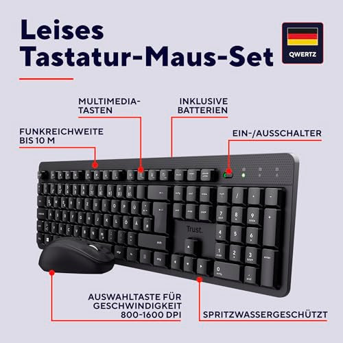 Trust Ymo II Leise Tastatur Maus Set Kabellos Deutsches QWERTZ Layout, Flachen Tasten, Spritzwassergeschützt, Beidhändig Funkmaus 800-1600 DPI, EIN USB-Empfänger, für PC, Computer, Laptop, Mac