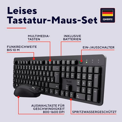Trust Ymo II Leise Tastatur Maus Set Kabellos Deutsches QWERTZ Layout, Flachen Tasten, Spritzwassergeschützt, Beidhändig Funkmaus 800-1600 DPI, EIN USB-Empfänger, für PC, Computer, Laptop, Mac
