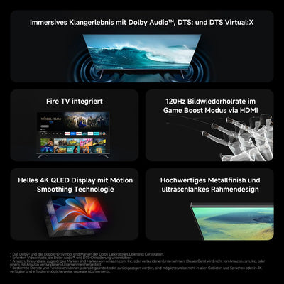 Xiaomi F Pro, 75 Zoll (190 cm), 4K UHD QLED, Smart TV, Fire TV, Triple Tuner DVB-C/S/S2/T/T2, HDR10+, Game Boost mode 120Hz, MEMC, Sprachsteuerung mit Alexa, 2GB+32GB, Kompatibel mit Apple AirPlay