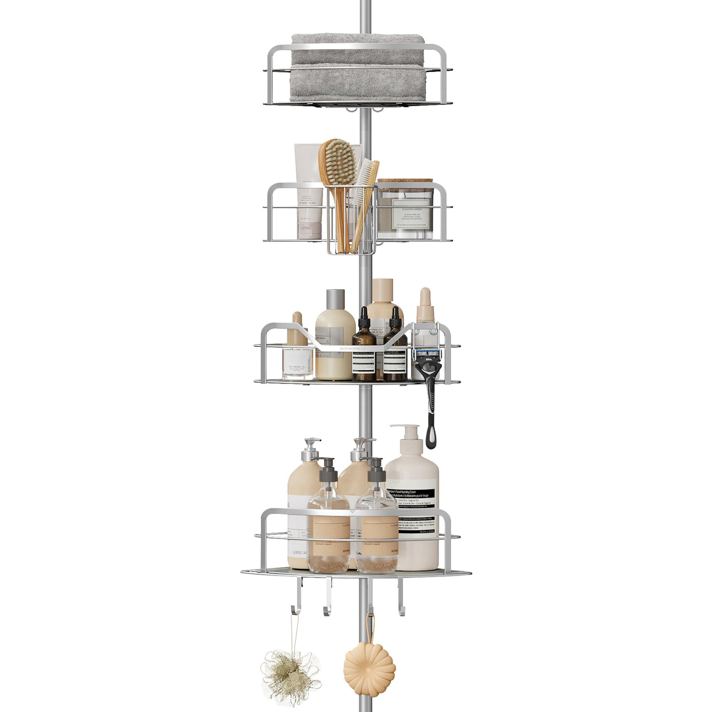 SONGMICS Duschregal, Badregal, Duschablage ohne Bohren, Gesamthöhe 80-323 cm, mit 4 Ebenen, Regal höhenverstellbar, für Badezimmer, Taubengrau BCB003E01