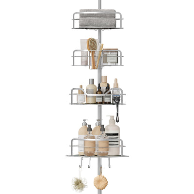 SONGMICS Duschregal, Badregal, Duschablage ohne Bohren, Gesamthöhe 80-323 cm, mit 4 Ebenen, Regal höhenverstellbar, für Badezimmer, Taubengrau BCB003E01