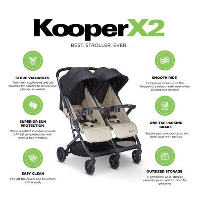 Joovy Kooper X2 Doppelter Kinderwagen, leichter Kinderwagen, kompakt zusammenklappbar mit Ablagen, Beige