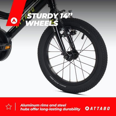 ATTABO Knack 14 – Kinderfahrrad (2–5 Jahre) mit leichtem Aluminiumrahmen (8 kg), 14-Zoll-Rädern, für 85–110 cm Körpergröße, bis 50 kg belastbar, ergonomischer Lenker, ideal für erste Fahrten