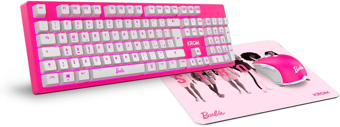 KROM Maus und -Mausunterlage Barbie Edition Kandy - Weiße LED-Membrantastatur, Maus optischem Sensor 6400 DPI, Mause-Matte hat eine Gummibasis, Italienisch Layout, pink