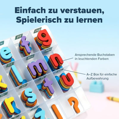 Magnetische Buchstaben und Zahlen für Kinder – Das komplette Set: 182 Buchstaben und 81 Zahlen sowie Symbole – Kühlschrankmagneten – Beinhaltet 2 Boxen, Magnettafel, Stifte und Löschschwamm