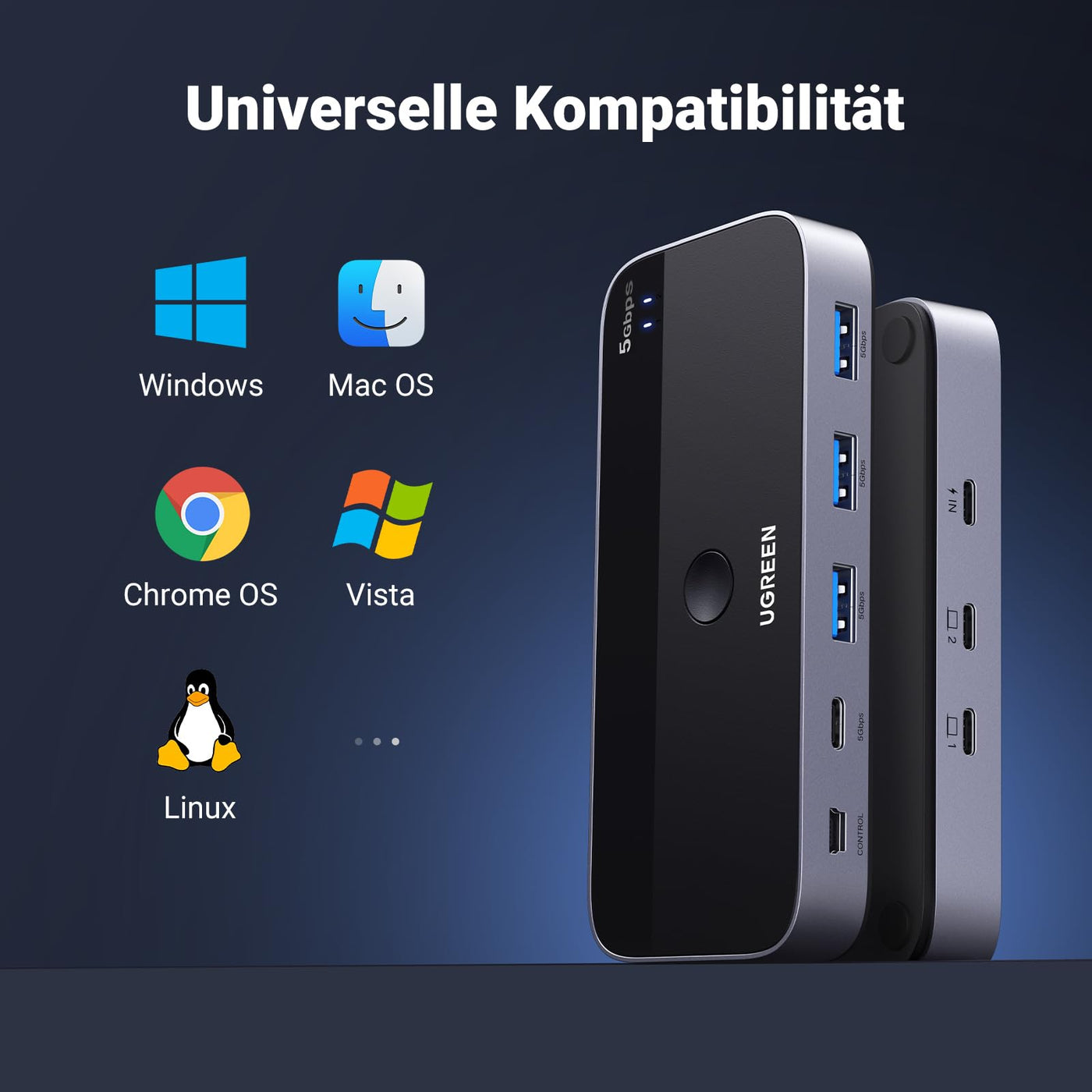 UGREEN USB C Switch 2PC USB Switch 3.0 mit 1xUSB C Port und 3xUSB A Ports, 2 In 4 Out USB-C Switch USB Umschalter Aluminiumgehäuse mit 2USB-C auf A/C Kabeln für Tastatur, Maus, Drucker, USB Stick usw.