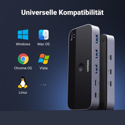 UGREEN USB C Switch 2PC USB Switch 3.0 mit 1xUSB C Port und 3xUSB A Ports, 2 In 4 Out USB-C Switch USB Umschalter Aluminiumgehäuse mit 2USB-C auf A/C Kabeln für Tastatur, Maus, Drucker, USB Stick usw.