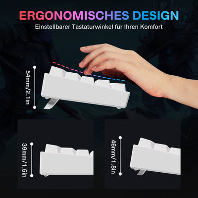 TECURS Gaming Tastatur - RGB Mechanische Tastatur Kabellos Bluetooth/2.4G/Mit Kabel, 65% QWERTZ Gamer Tastatur mit Rote Schalter für PC/Laptop/PS4/PS5, Weiß