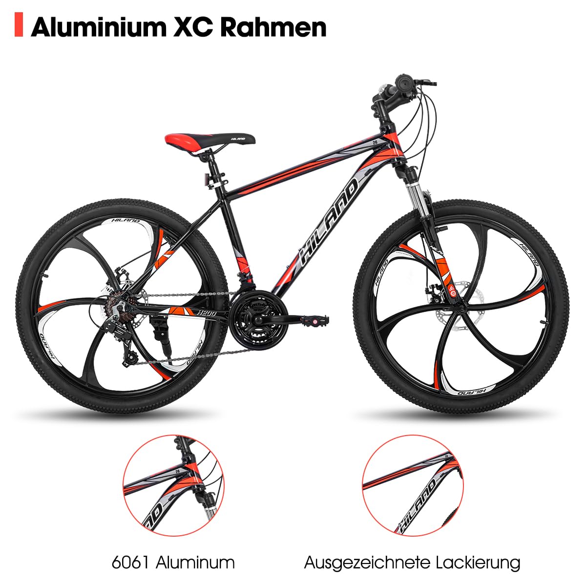 Hiland Mountainbike, 6 Speichen, 21 Gänge Schaltung, Aluminium Rahmen 26 Zoll Räder, Scheibenbremse Fahrrad für Männer Frauen Herren MTB-Fahrrad, Schwarz