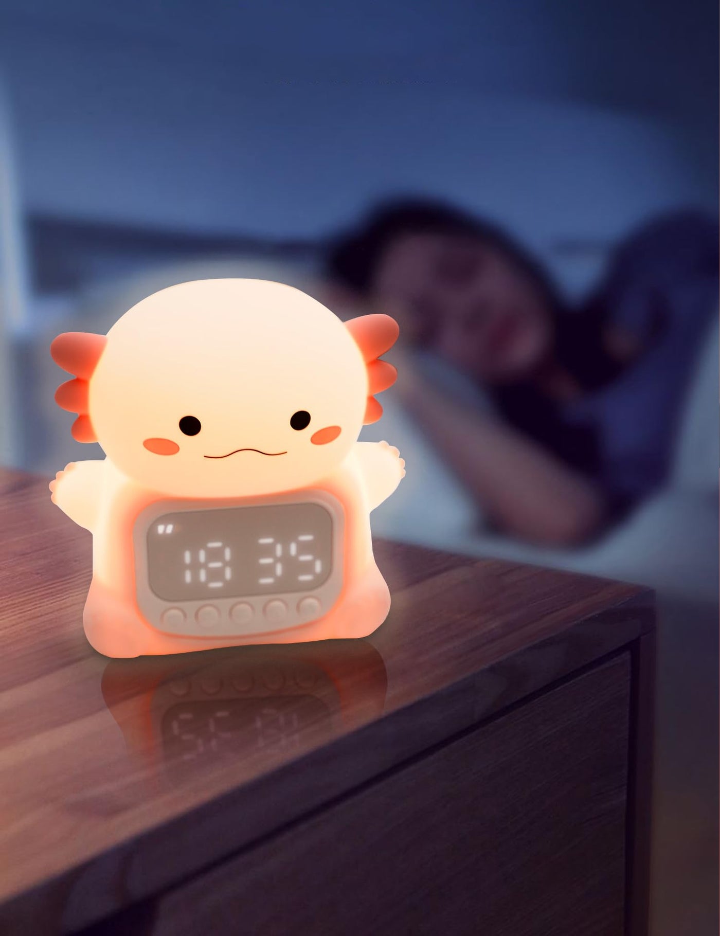 IHALO Cute Axolotl Wecker Kinder mit Nachtlicht, Kinderwecker Mädchen Nachttisch, Silikon Nachtlicht für Kinder, Wiederaufladbar, Zwei Wecker, Datum, Uhrzeit, Dekoration für Babyzimmer