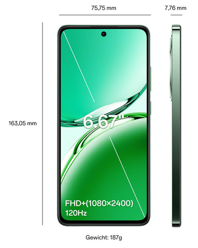 OPPO Reno12 FS 5G 12+512GB, KI Android-Smartphone (entsperrt), 6,67" 120Hz AMOLED Display, Dimensity 6300 Handy, 50+8+2MP KI-Kamera, 5000mAh 45W, IP64 wasserfest, NFC, Grün