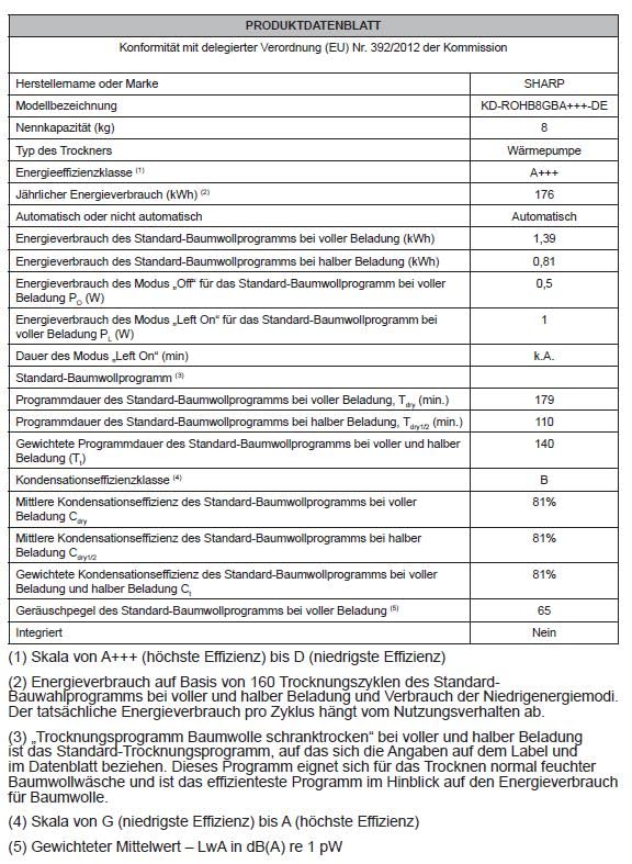 Sharp KD-ROHB8GBA+++-DEWärmepumpentrockner / A+++ / 8 kg / 15 Programme inkl. 30 min Kurzprogramm / BubbleDrum-Schontrolmmel mit LED-Trommelbeleuchtung / Ablaufschlauch / Schwarz