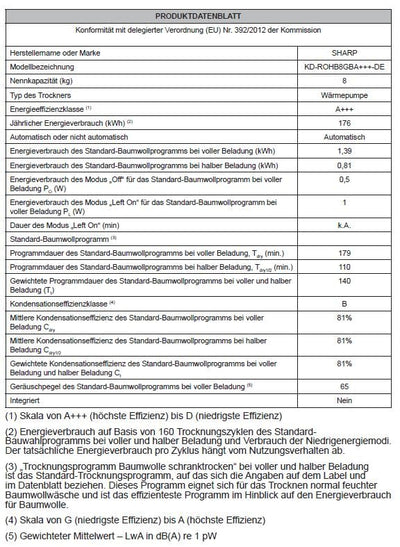 Sharp KD-ROHB8GBA+++-DEWärmepumpentrockner / A+++ / 8 kg / 15 Programme inkl. 30 min Kurzprogramm / BubbleDrum-Schontrolmmel mit LED-Trommelbeleuchtung / Ablaufschlauch / Schwarz