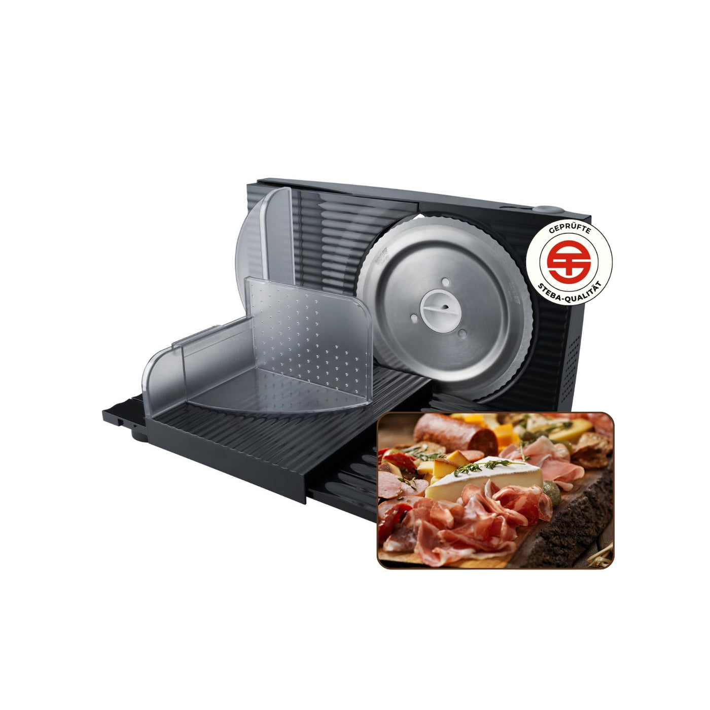 Steba Allesschneider, platzsparend, Made in EU, Edelstahlmesser, Schnittstärke bis 17mm einstellbar, doppelter Sicherheitsschalter, inkl. Handschutz, AS100