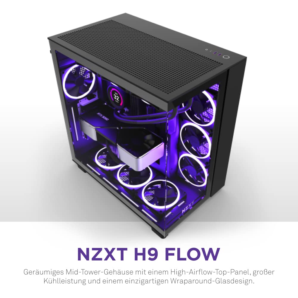 NZXT H9 Flow - CM-H91FB-01- Dual-Chamber ATX Mid-Tower PC-Gaming-Gehäuse - High-Airflow-perforiertes Top-Panel - Front- und Seitenteile aus gehärtetem Glas - 360mm Radiator Unterstützung - Schwarz