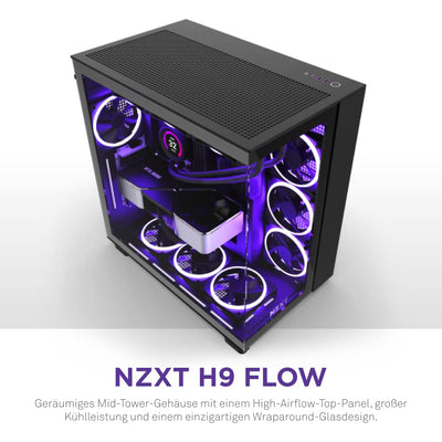 NZXT H9 Flow - CM-H91FB-01- Dual-Chamber ATX Mid-Tower PC-Gaming-Gehäuse - High-Airflow-perforiertes Top-Panel - Front- und Seitenteile aus gehärtetem Glas - 360mm Radiator Unterstützung - Schwarz