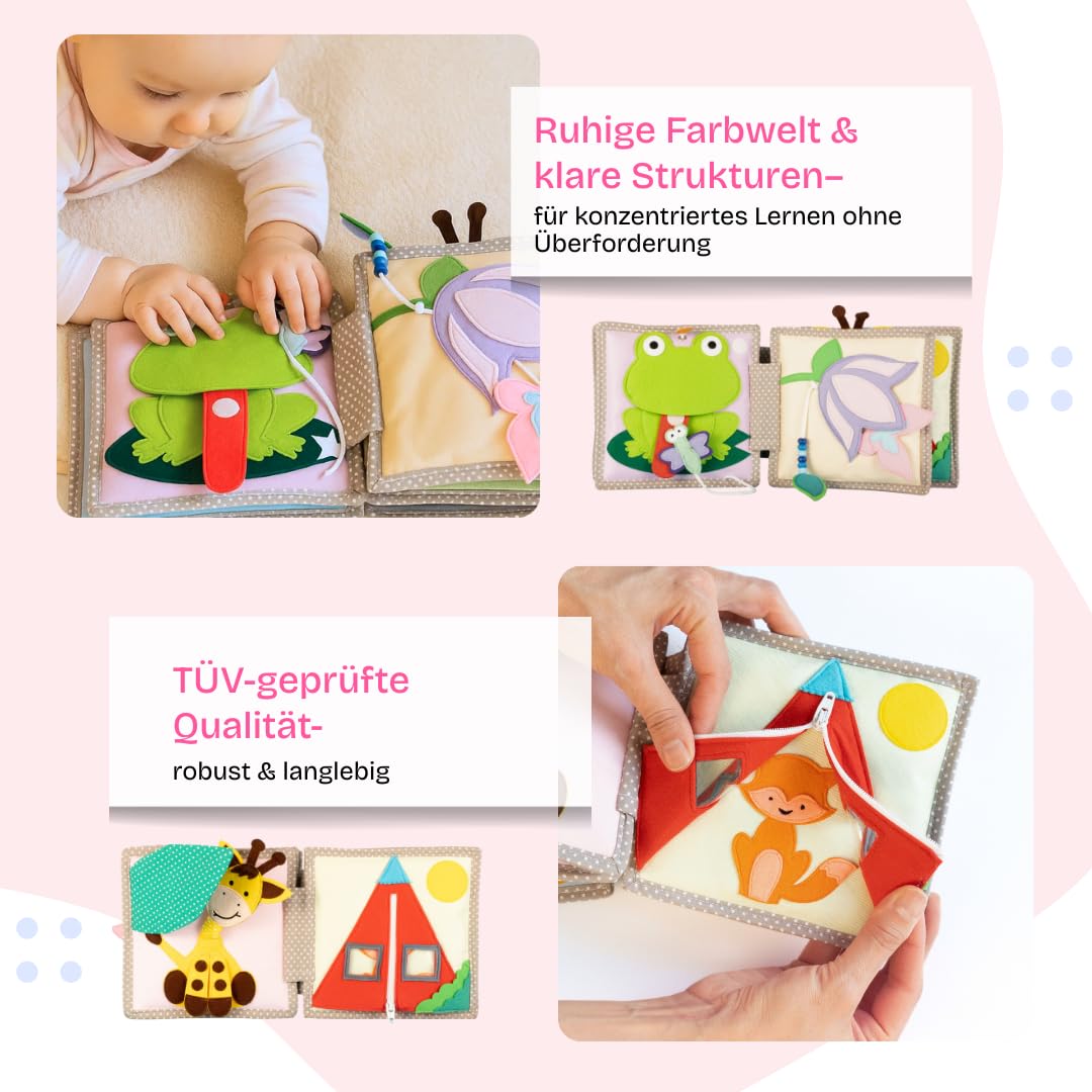 Jolly Designs – Mini Quiet Book Schillernder Papagei – Montessori Spielzeug ab 6 Monaten – Motorik & Sensorik fördern – Busy Book aus Filz – Handgefertigtes Filzbuch – Perfekt für unterwegs