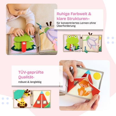 Jolly Designs – Mini Quiet Book Schillernder Papagei – Montessori Spielzeug ab 6 Monaten – Motorik & Sensorik fördern – Busy Book aus Filz – Handgefertigtes Filzbuch – Perfekt für unterwegs