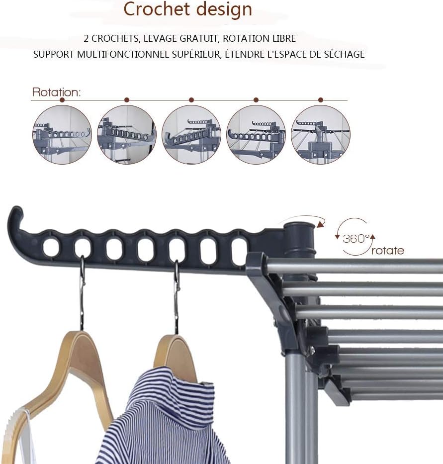 johgee Platzsparend und Praktisch Turmwäscheständer 172CM hoch Wäscheständer - innen mit faltbaren Flügeln， mit 4 Rollen - Davon 2 mit Feststellbremse