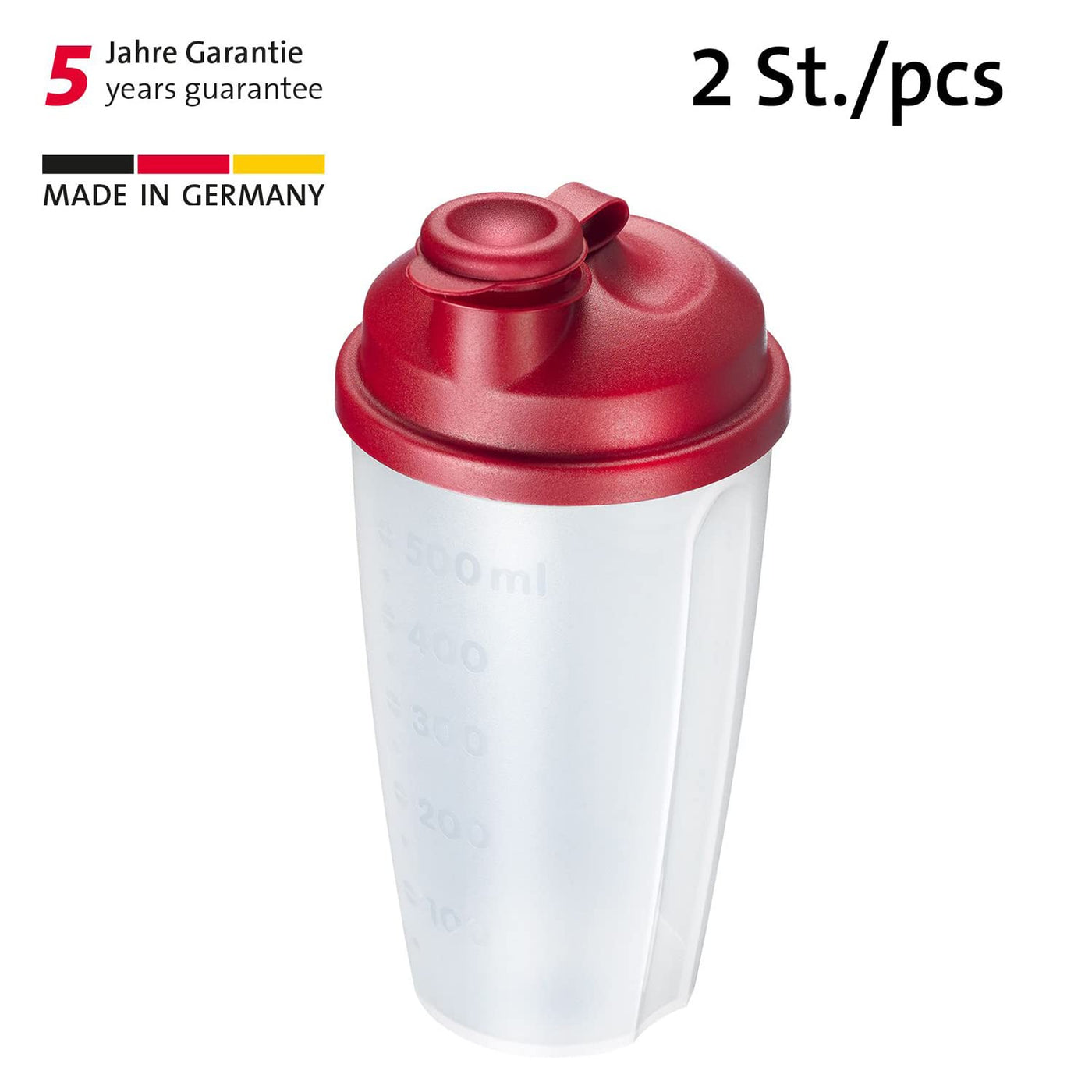 Westmark 2 Mix- und Schüttelbecher/Dressingshaker mit Mess-Skala, herausnehmbarer Mixscheibe und verschließbarem Ausgießer, Fassungsvermögen: 0,5l, Kunststoff, BPA-frei, Farbe: Transluzent/Rot
